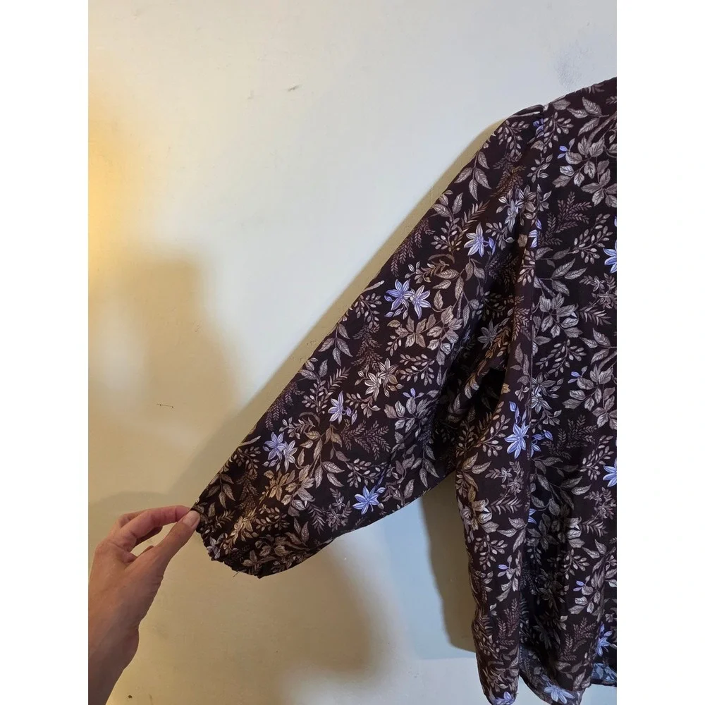 LOFT Brown Floral V-Neck Puff Sleeve Blouse Lavender Tan Print S 771323